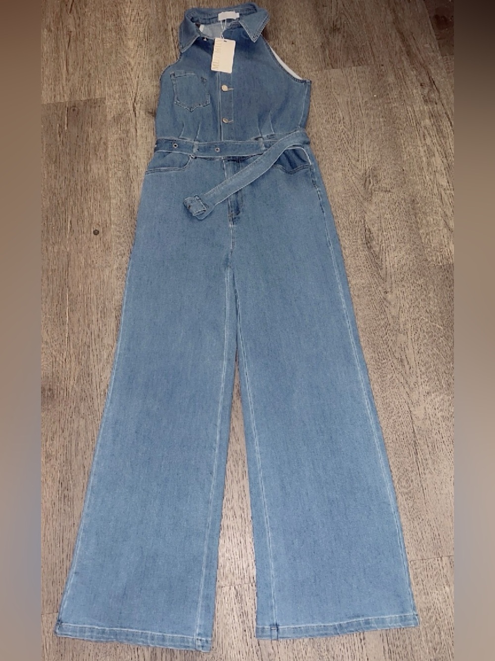 Muy, Muy Denim Halter Jumpsuit - Light Blue Wide-Leg Jeans